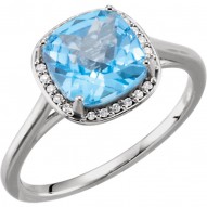 14K White Swiss Blue Topaz & .055 CTW Diamond Halo-Style Ring