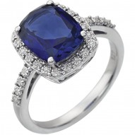 14K White Created Blue Sapphire & .07 CTW Diamond Ring