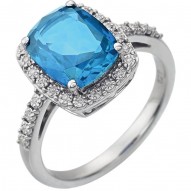 14K White Swiss Blue Topaz & .07 CTW Diamond Ring