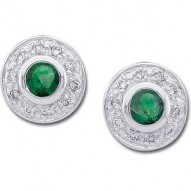 14K White 3.5mm Round Emerald & 1/10 CTW Diamond Earrings