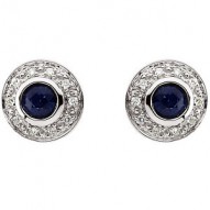 14K White 3.5mm Round Sapphire & 1/10 CTW Diamond Earrings