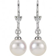 14K White .05 CTW Diamond and Freshwater Cultured Pearl Dangle Earrings