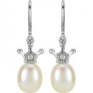 14K White .015 CTW Diamond and Freshwater Cultured Pearl Crown Dangle Earrings