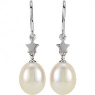 14K White Freshwater Cultured Pearl Star Dangle Earrings