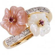 14K Yellow Genuine Pink Tourmaline, Mother Of Pearl & .04 CTW Diamond Ring