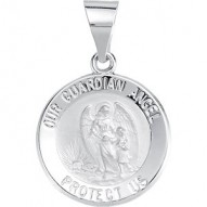 14K White 15mm Round Hollow Guardian Angel Medal